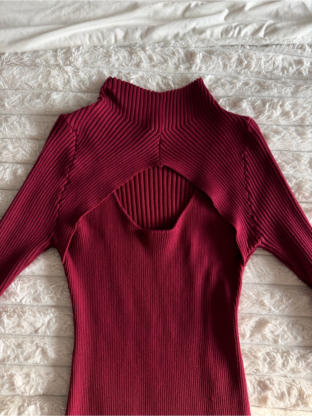 Fashion Nova Burgundy Ribbed Long Sleeve Cutout Midi Dress